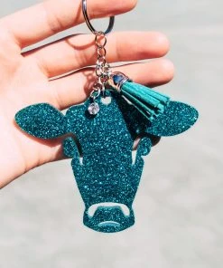 The Cinchy Cowgirl Teal Glitter Cow Keychain Accessories, Gifts & More