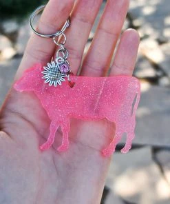 The Cinchy Cowgirl Resin Keychains Pink Glitter Cow Keychain