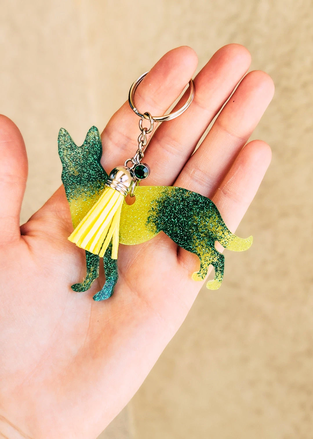 Cinchy Cowgirl Yellow & Green German Shepherd Resin Keychain | Unique Gift Accessory 3 The Cinchy Cowgirl Yellow & Green German Shepherd Keychain Accessories, Gifts & More