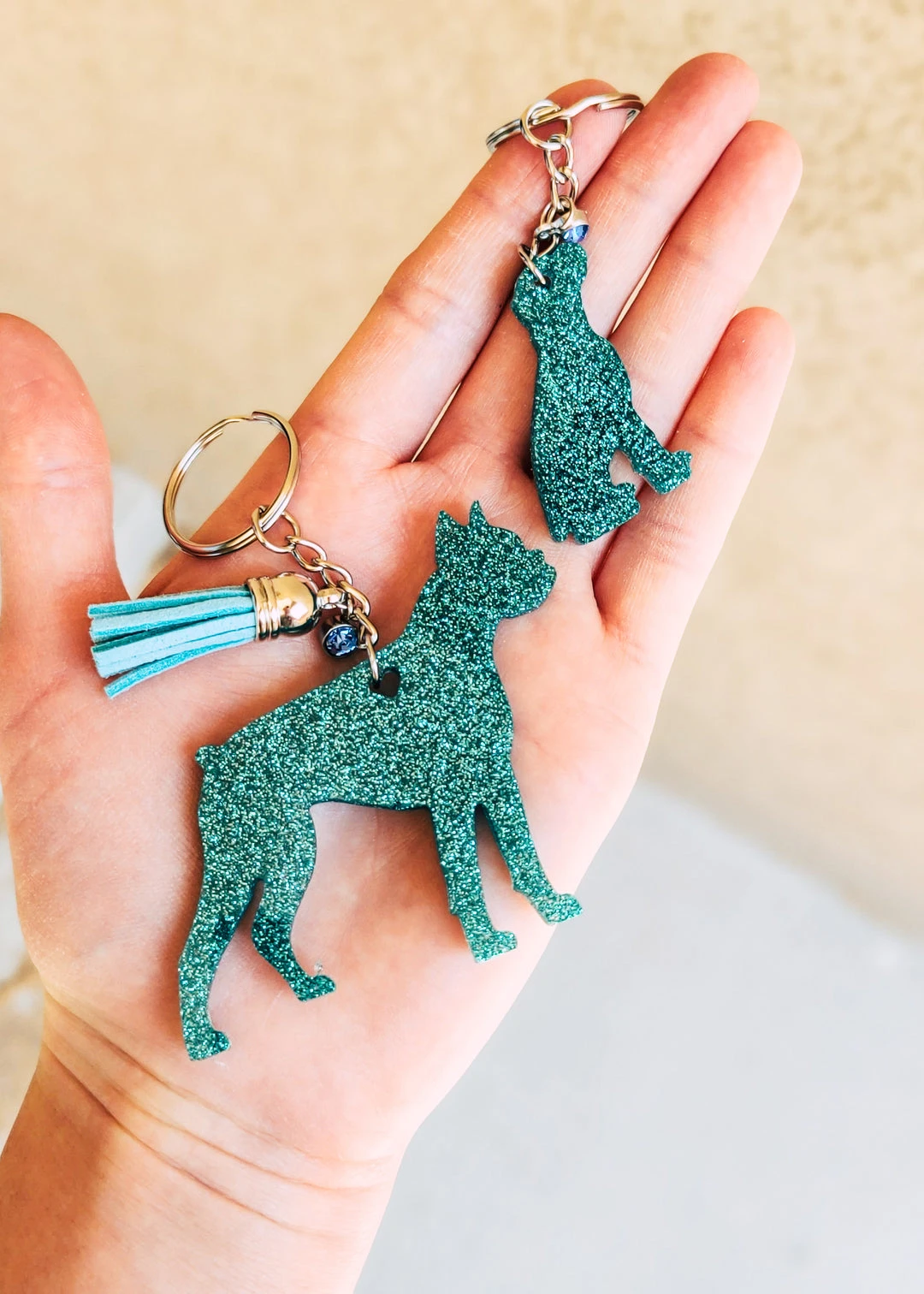 Teal Boxer & Baby Resin Keychain - Cinchy Cowgirl Accessories & Unique Gifts 3 The Cinchy Cowgirl Accessories, Gifts & More Teal Boxer & Baby Keychain