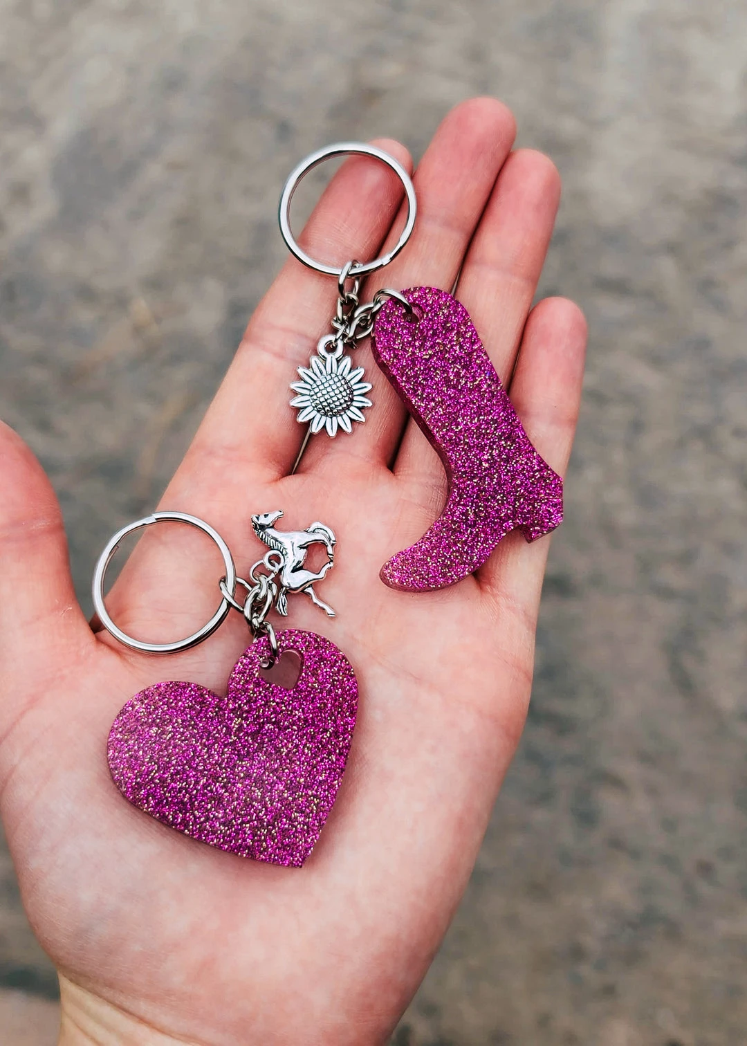 Cinchy Cowgirl Resin Keychains - Dark Pink & Gold Heart & Boot Set (2-Pack) 3 The Cinchy Cowgirl Resin Keychains Dark Pink & Gold Heart & Boot (Set Of 2) Keychain