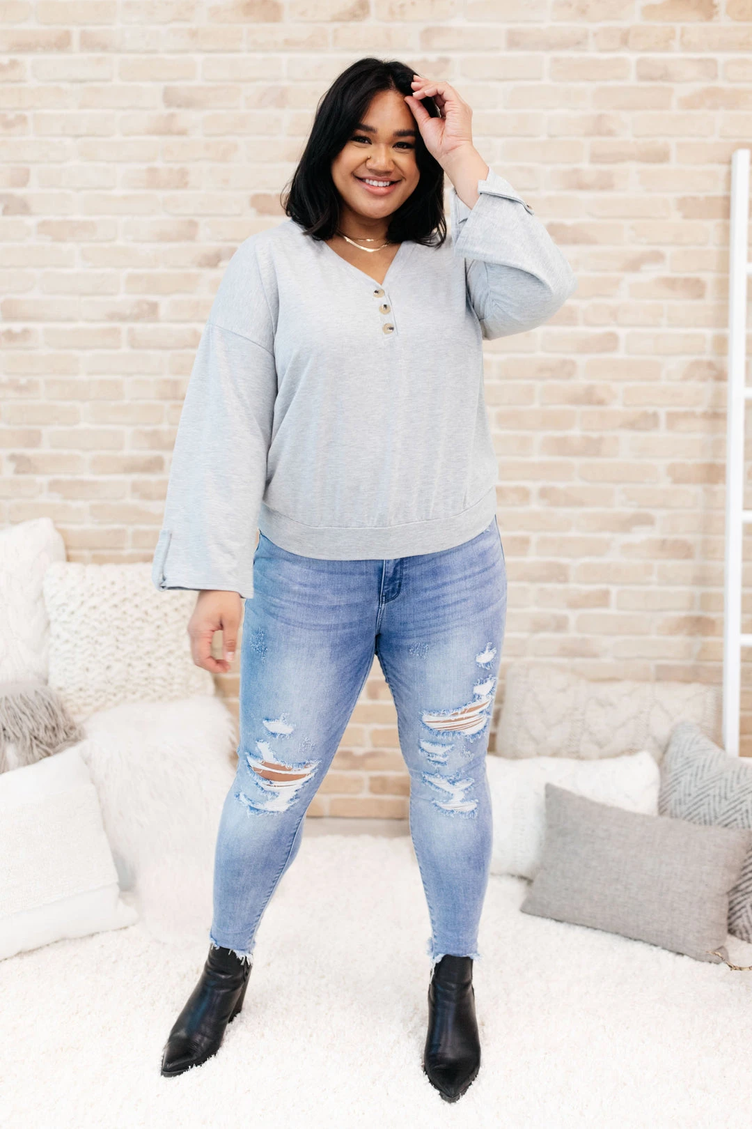 Ave Shops Gray Throw On And Go Long Sleeve Top - Comfortable & Stylish Women's Blouse 3 Ave Shops Clothing Throw On And Go Top In Gray