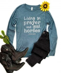 The Cinchy Cowgirl Clothing Heather Slate Living On Prayer Long Sleeve Graphic Tee