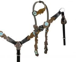 Shiloh Turquoise Floral Tooled Headstall Set for Horses & Dogs - One Ear Design 3 Shiloh Horse & Dog One Ear Turquoise Floral Tooled Headstall Set