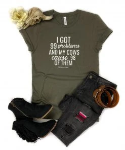 The Cinchy Cowgirl Army Green Problem Cows Short Sleeve Tee