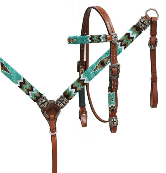 Shiloh Teal Beaded Southwestern Headstall Set for Horses | Premium Headstall Sets 3 Shiloh Teal Beaded Southwestern Headstall Set Headstall Sets