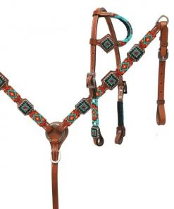 Shiloh Teal, Gold & Black Beaded Headstall Set Headstall Sets