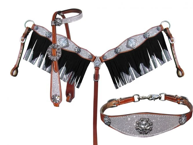 Shiloh Silver Glitter Fringe Headstall Set for Horses – Sparkling & Stylish 3 Shiloh Silver Glitter Fringe Headstall Set Headstall Sets