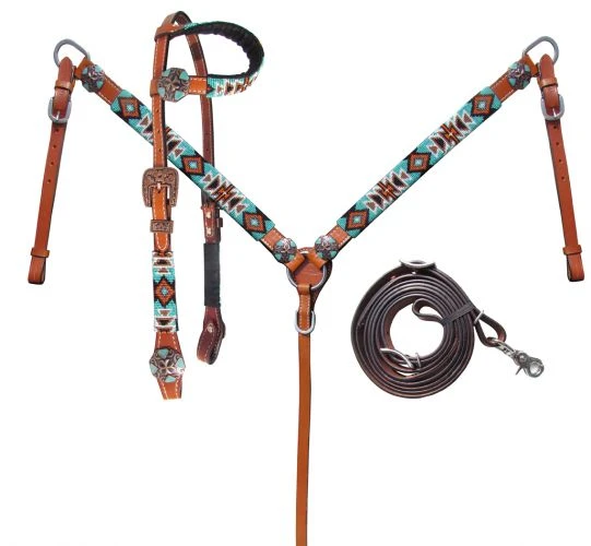 Shiloh Turquoise & Orange Beaded Headstall Set for Horses - Stylish & Durable 3 Shiloh Turquoise & Orange Beaded Headstall Set