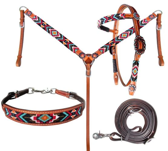Shiloh Bright Aztec Beaded Headstall Set - Unique Horse & Dog Accessory 3 Shiloh Bright Aztec Beaded Headstall Set