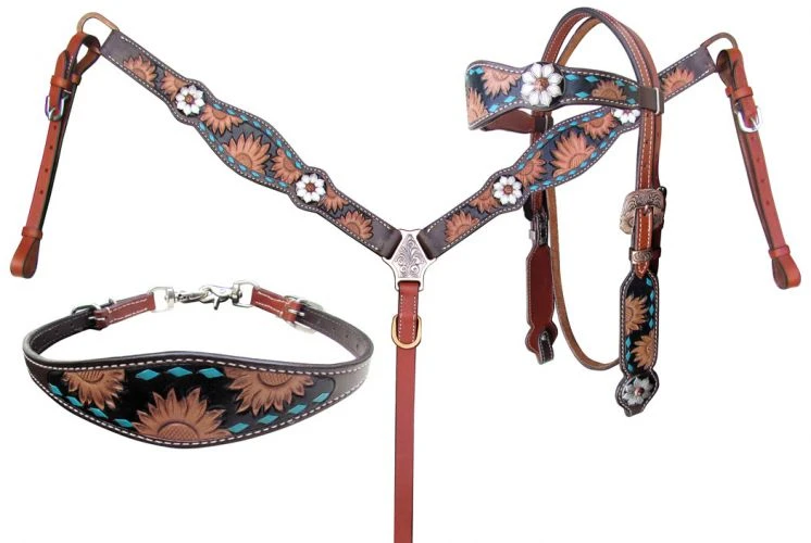 Shiloh Sunflower Tooled 3-Piece Headstall Set for Horses β Durable & Stylish Western Tack 3 Shiloh Sunflower Tooled 3 Piece Headstall Set