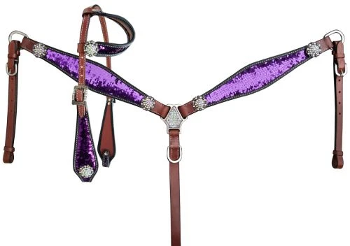 Shiloh Purple & Silver Sequin Headstall Set for Horses – Stylish and Durable 3 Shiloh Purple & Silver Sequin Headstall Set