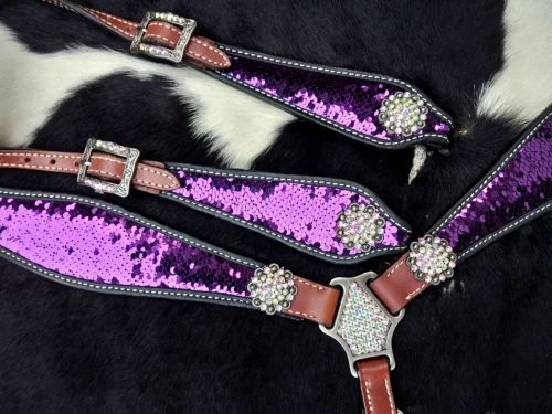 Shiloh Purple & Silver Sequin Headstall Set for Horses – Stylish and Durable 4 Shiloh Purple & Silver Sequin Headstall Set