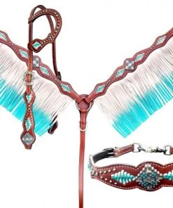 Shiloh Turquoise & White Leather Laced Fringe Headstall Set Headstall Sets