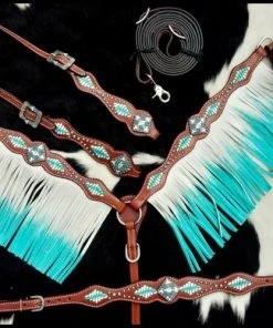 Shiloh Turquoise & White Leather Laced Fringe Headstall Set Headstall Sets