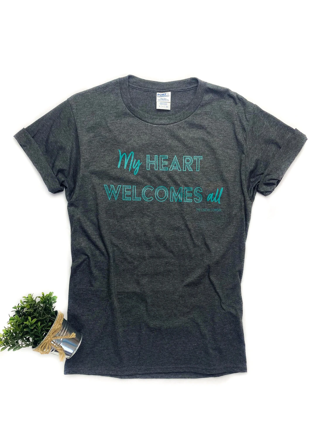 Charcoal 'My Heart Welcomes All' Short Sleeve Tee - Cinchy Cowgirl CLOSEOUT | CLEARANCE GRAPHICS 3 The Cinchy Cowgirl CLOSEOUT- Charcoal My Heart Welcomes All Short Sleeve Tee CLEARANCE GRAPHICS