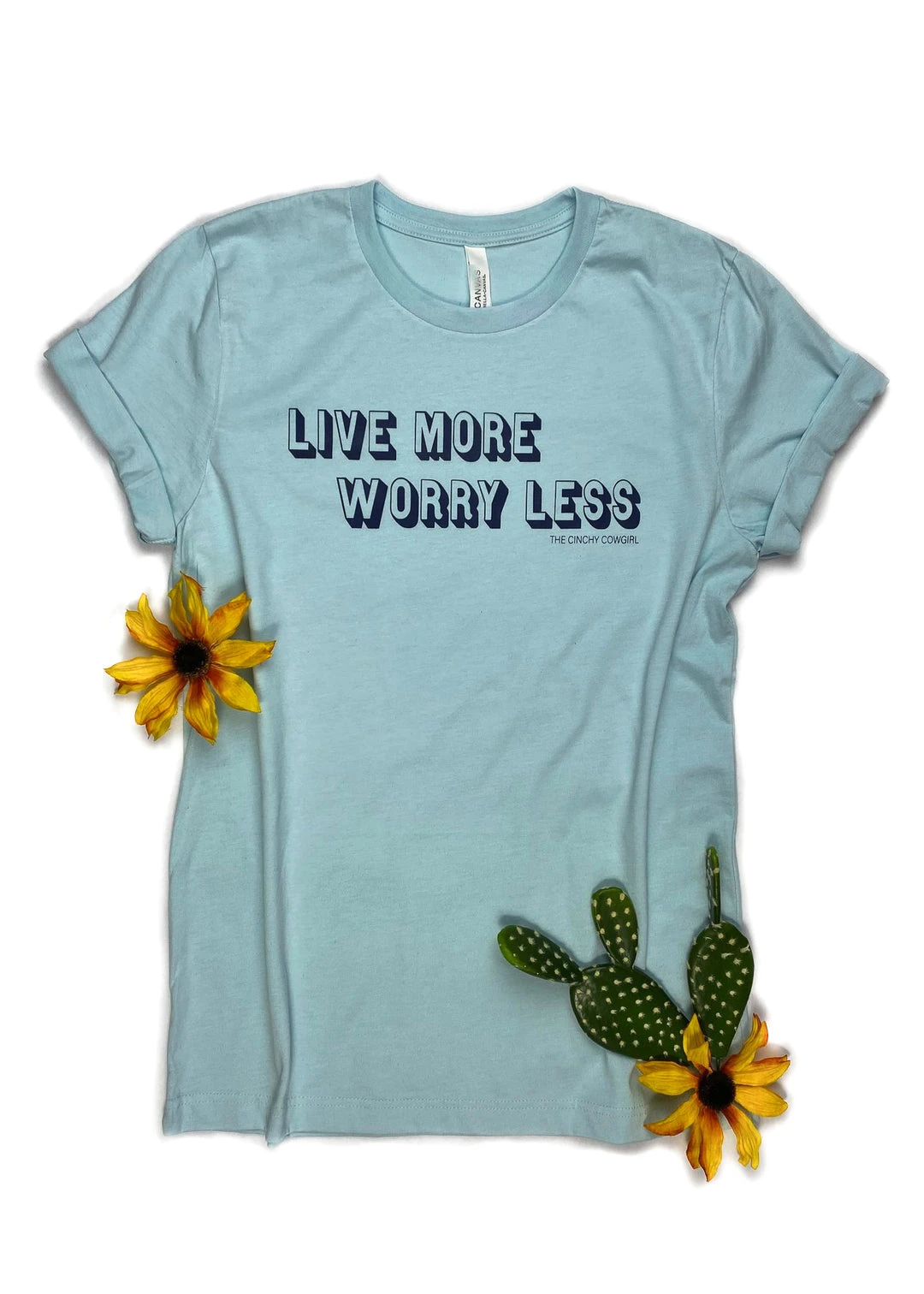 Cinchy Cowgirl CLOSEOUT - Ice Blue 'Live More Worry Less' Graphic Tee | Clearance Sale 3 The Cinchy Cowgirl CLOSEOUT- Ice Blue Live More Worry Less Short Sleeve Graphic Tee