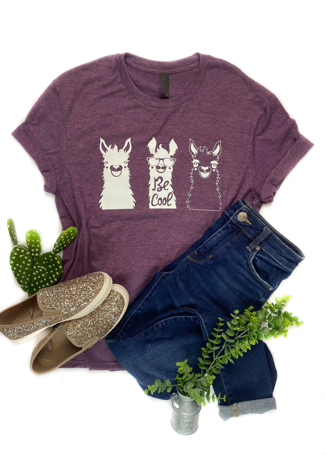 The Cinchy Cowgirl Cool Llamas Short Sleeve Graphic Tee - Eggplant 3 The Cinchy Cowgirl Clothing Eggplant Be Cool Llamas Short Sleeve Tee