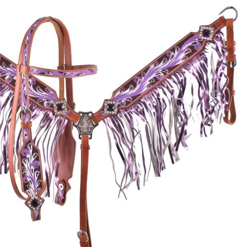 Shiloh Purple Fringe Headstall Set - Premium Horse Headstall for Comfort & Style 3 Shiloh Headstall Sets Purple Fringe Headstall Set