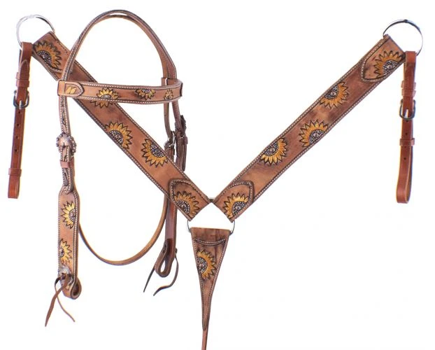 Shiloh Half Sunflower Headstall Set - Durable Horse Headstall with Flower Design 3 Shiloh Half Sunflower Headstall Set Headstall Sets