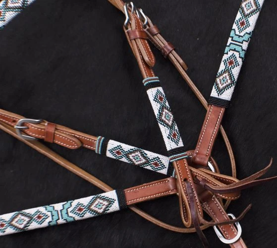 Shiloh Turquoise & Red Beaded Headstall Set for Horses - Premium Equestrian Gear 4 Shiloh Headstall Sets Turquoise & Red Beaded Headstall Set