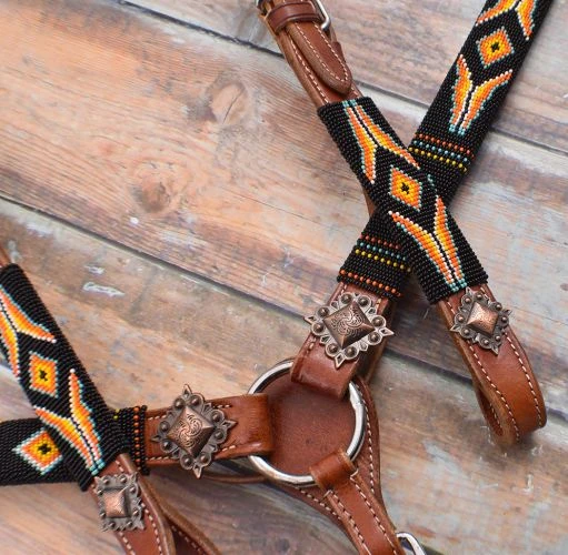 Shiloh Orange & Yellow Beaded Headstall Set for Horses & Dogs - Durable & Stylish 4 Shiloh Headstall Sets Orange & Yellow Beaded Headstall Set