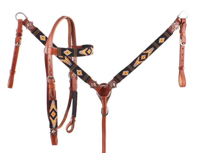 Shiloh Orange & Yellow Beaded Headstall Set for Horses & Dogs - Durable & Stylish 3 Shiloh Headstall Sets Orange & Yellow Beaded Headstall Set