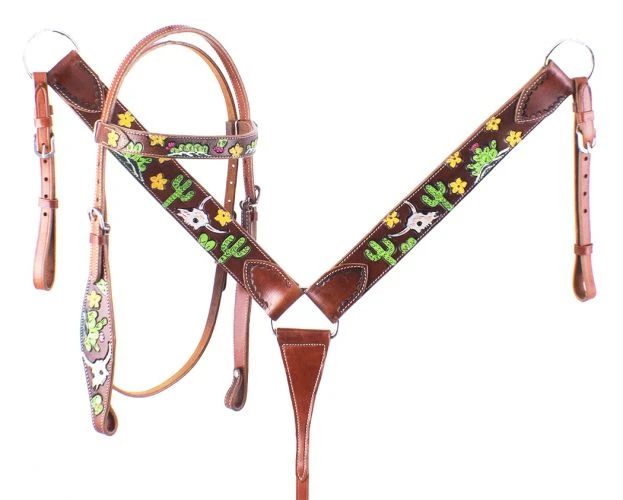Shiloh Steer Skull & Cactus Painted Headstall Set – Western Horse Headstall for Durability and Style 3 Shiloh Steer Skull & Cactus Painted Headstall Set Headstall Sets