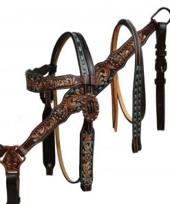 Shiloh Floral Teal Buck Stitch Headstall Set Horse & Dog