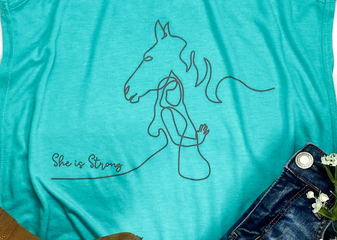 The Cinchy Cowgirl She Is Strong Horse Teal Graphic Tank - Women's Short Sleeve Tee 4 The Cinchy Cowgirl She Is Strong Horse Teal Graphic Tank
