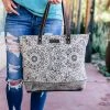 Sixtease Abstract Floral & Cowhide Tote Handbag