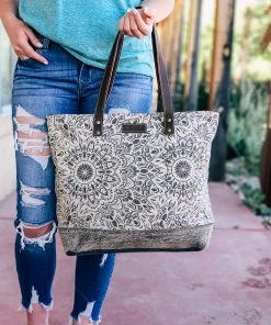 Sixtease Abstract Floral & Cowhide Tote Handbag