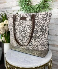 Sixtease Abstract Floral & Cowhide Tote Handbag