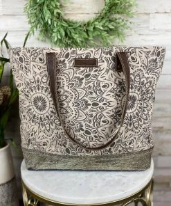 Sixtease Abstract Floral & Cowhide Tote Handbag