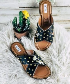 Myra Anaheim Black & White Cowhide Studded Sandals