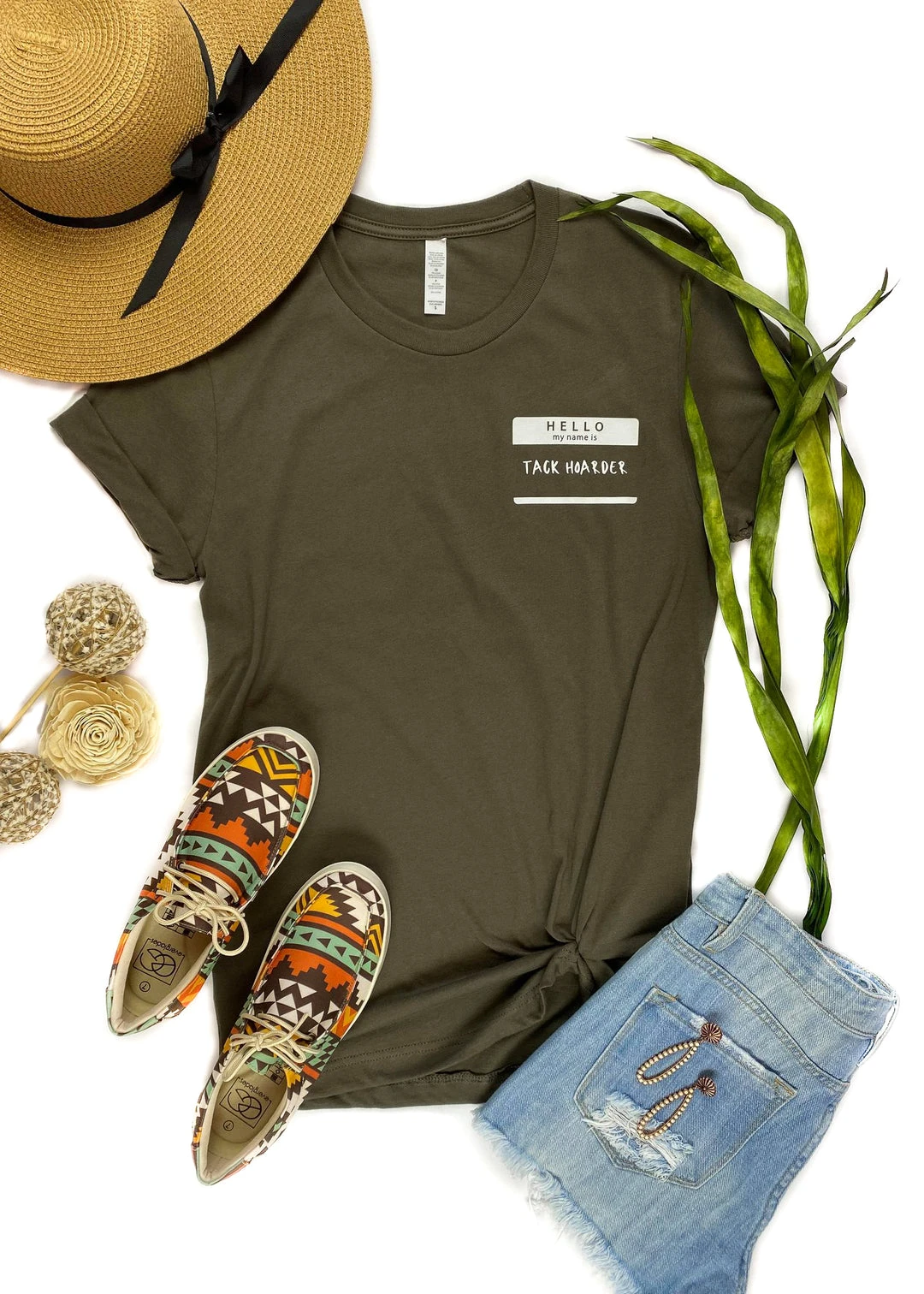 Cinchy Cowgirl Army Green Hello Tack Hoarder Side Short Sleeve Tee | TCC Graphic Tees 3 The Cinchy Cowgirl Army Green Hello Tack Hoarder Side Short Sleeve Tee Clothing