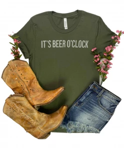 The Cinchy Cowgirl CLEARANCE GRAPHICS CLOSEOUT- Army Green It's Beer O'Clock Short Sleeve Tee