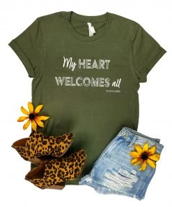 The Cinchy Cowgirl CLOSEOUT- Army Green My Heart Welcomes All Short Sleeve Tee