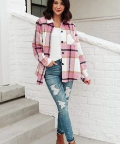 Ave Shops Aspen Shacket In Pink Long Sleeve Tops