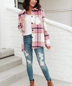Ave Shops Aspen Shacket In Pink Long Sleeve Tops