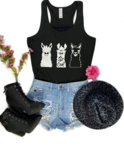 The Cinchy Cowgirl Black Be Cool Llamas Tank Top Clothing