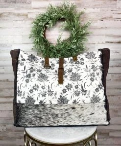 Myra Handbags & Wallets Black Cowhide & Ivory Floral Weekender Bag