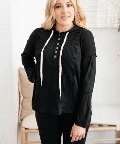 Ave Shops Black Hawk Waffle Knit Hoodie - Stylish Long Sleeve Top for Men & Women 19 Ave Shops Black Hawk Waffle Knit Hoodie