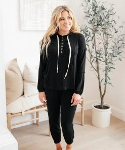 Ave Shops Black Hawk Waffle Knit Hoodie - Stylish Long Sleeve Top for Men & Women 21 Ave Shops Black Hawk Waffle Knit Hoodie