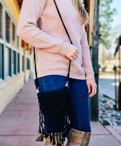 Tassels & Fringe >> MEGA SALE << Black Macramé Small Crossbody Handbag