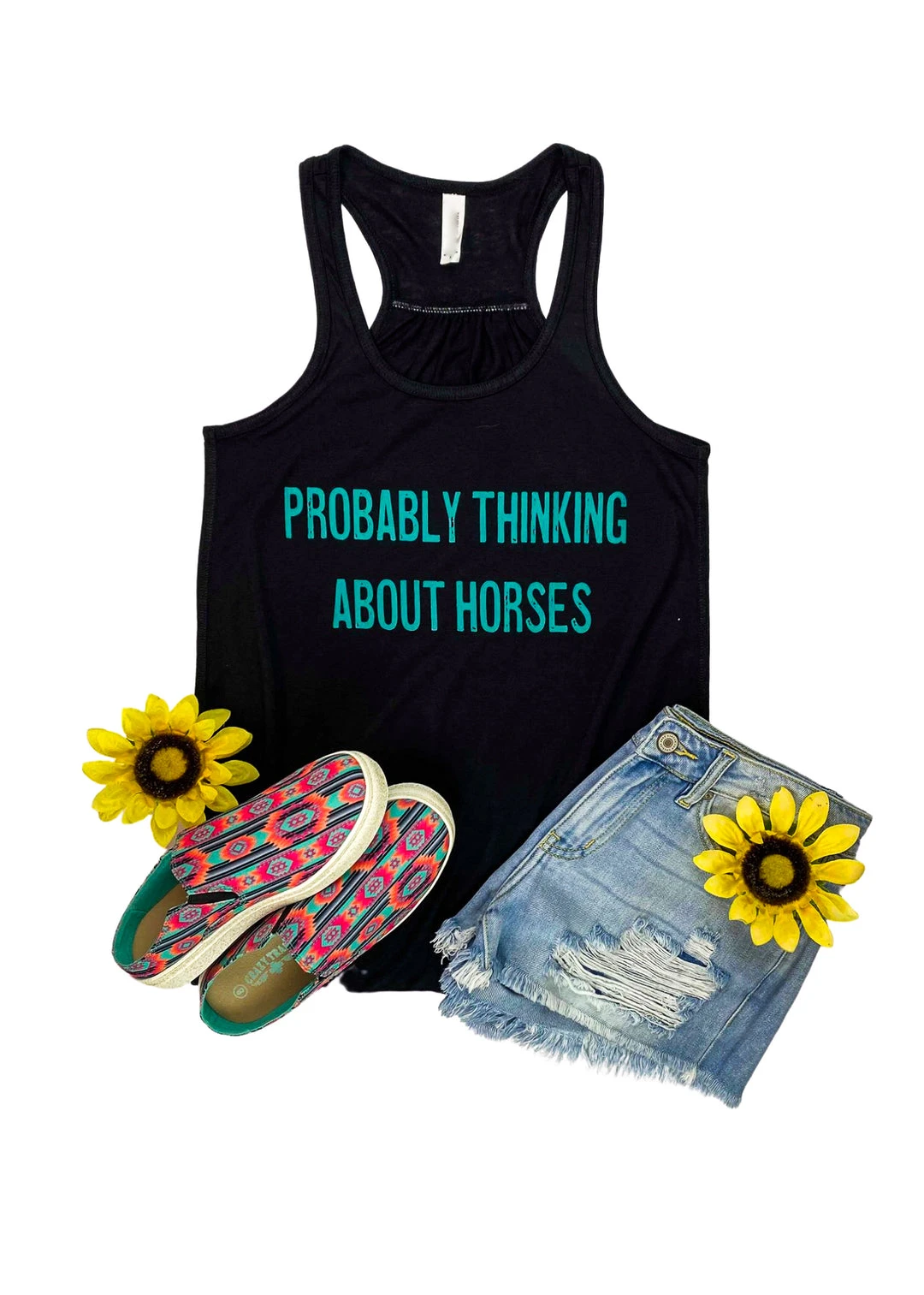 The Cinchy Cowgirl Black Probably Thinking About Horses Graphic Tank - TCC Graphic Tanks & Tees 3 The Cinchy Cowgirl Black Probably Thinking About Horses Graphic Tank