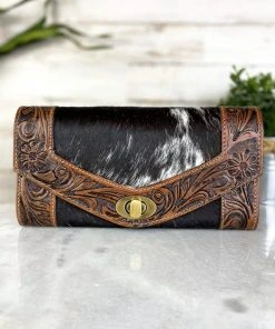 Myra Black & White Cowhide Floral Tooled Wallet Handbags & Wallets