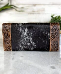 Myra Black & White Cowhide Floral Tooled Wallet Handbags & Wallets