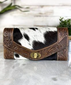 Myra Black & White Cowhide Floral Tooled Wallet Handbags & Wallets