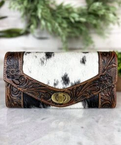 Myra Black & White Cowhide Floral Tooled Wallet Handbags & Wallets